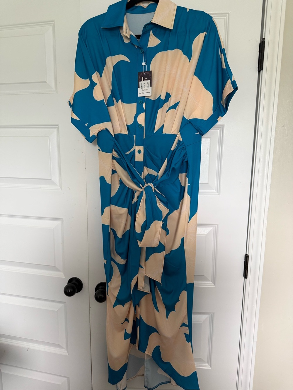 Teal and Cream Abstract Print Button-Front Maxi Dress
